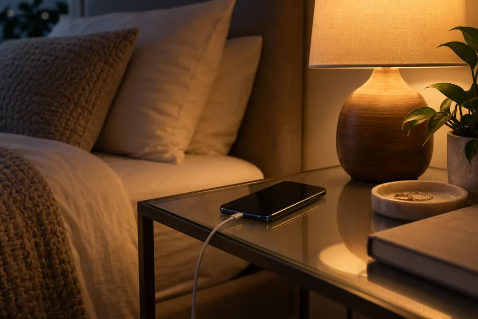 ¿Deberías cargar tu teléfono en modo avión durante la noche? Teléfono cargándose sobre una mesita de noche despejada